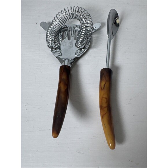 MCM Parker Gaines Stainless Cocktail Strainer & Spoon w/ Marbled Bakelite Handle - Picture 7 of 8